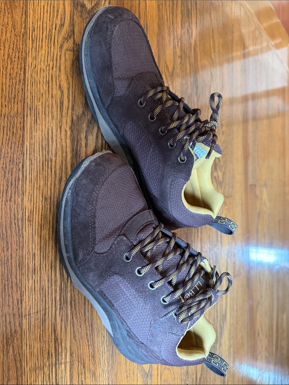 L.L. Bean Men's Dark Brown Suede & Mesh Hiking Sneakers with Yellow Lining